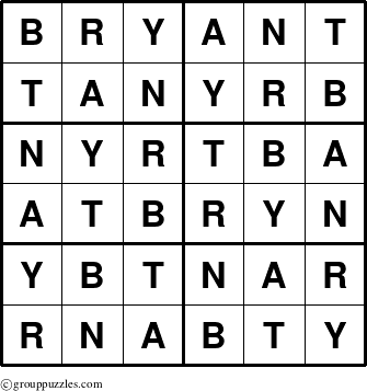 The grouppuzzles.com Answer grid for the Bryant puzzle for 