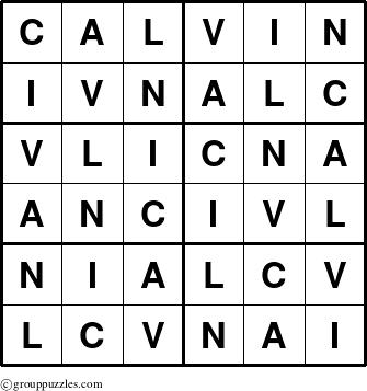 The grouppuzzles.com Answer grid for the Calvin puzzle for 