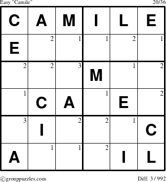 The grouppuzzles.com Easy Camile puzzle for  with the first 3 steps marked