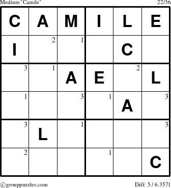 The grouppuzzles.com Medium Camile puzzle for  with the first 3 steps marked