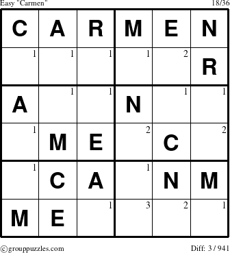 The grouppuzzles.com Easy Carmen puzzle for  with the first 3 steps marked