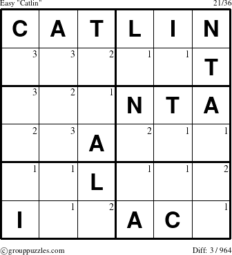 The grouppuzzles.com Easy Catlin puzzle for  with the first 3 steps marked