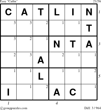 The grouppuzzles.com Easy Catlin puzzle for  with all 3 steps marked