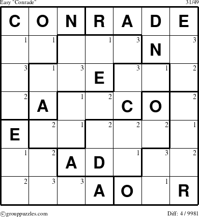 The grouppuzzles.com Easy Conrade puzzle for  with the first 3 steps marked