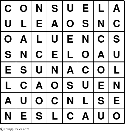 The grouppuzzles.com Answer grid for the Consuela puzzle for 