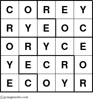 The grouppuzzles.com Answer grid for the Corey puzzle for 
