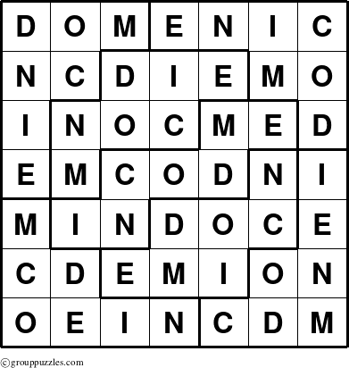 The grouppuzzles.com Answer grid for the Domenic puzzle for 
