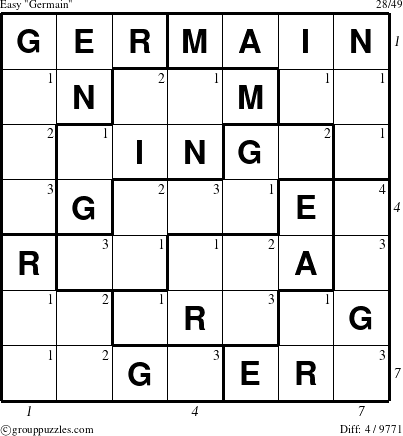 The grouppuzzles.com Easy Germain puzzle for  with all 4 steps marked