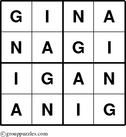 The grouppuzzles.com Answer grid for the Gina puzzle for 