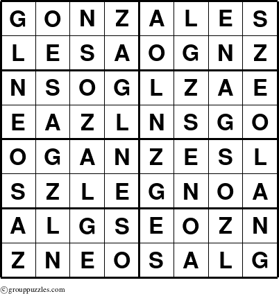 The grouppuzzles.com Answer grid for the Gonzales puzzle for 