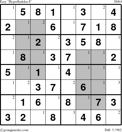 The grouppuzzles.com Easy HyperSudoku-8 puzzle for  with the first 3 steps marked