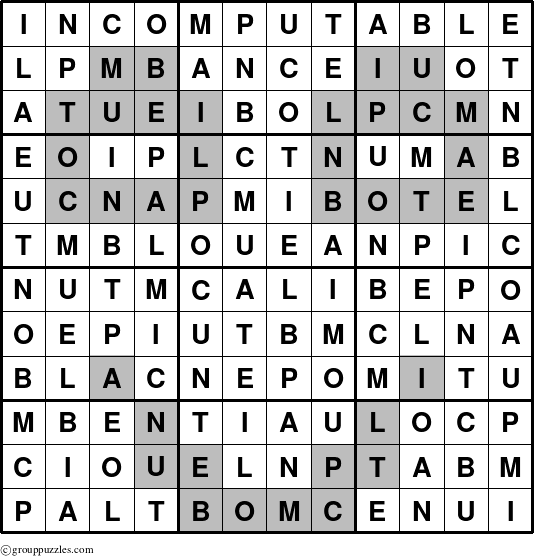 The grouppuzzles.com Answer grid for the Incomputable puzzle for 