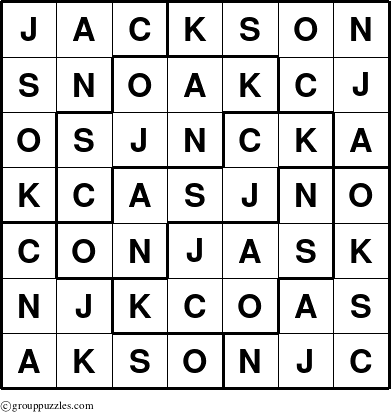 The grouppuzzles.com Answer grid for the Jackson puzzle for 