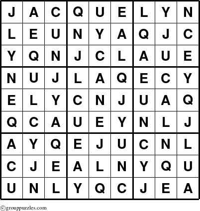 The grouppuzzles.com Answer grid for the Jacquelyn puzzle for 