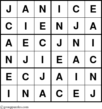 The grouppuzzles.com Answer grid for the Janice puzzle for 