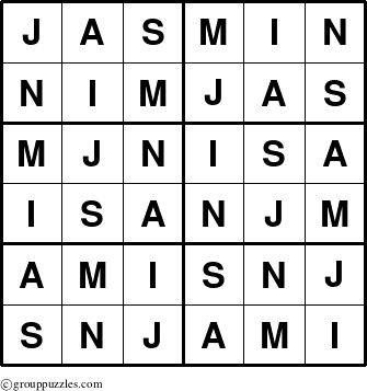 The grouppuzzles.com Answer grid for the Jasmin puzzle for 