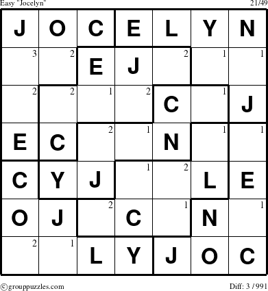 The grouppuzzles.com Easy Jocelyn puzzle for  with the first 3 steps marked
