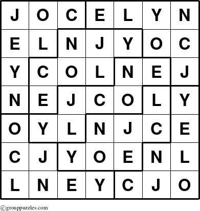 The grouppuzzles.com Answer grid for the Jocelyn puzzle for 