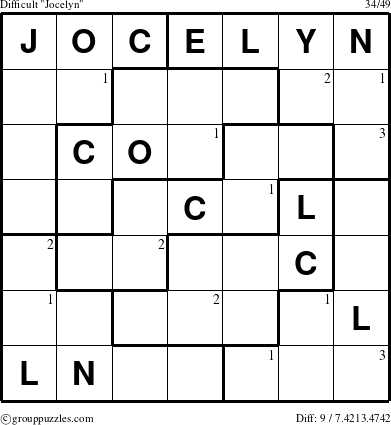 The grouppuzzles.com Difficult Jocelyn puzzle for  with the first 3 steps marked