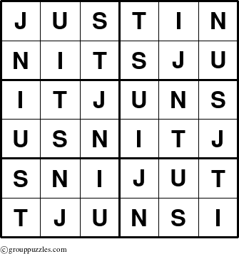 The grouppuzzles.com Answer grid for the Justin puzzle for 