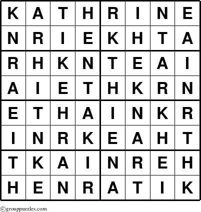 The grouppuzzles.com Answer grid for the Kathrine puzzle for 