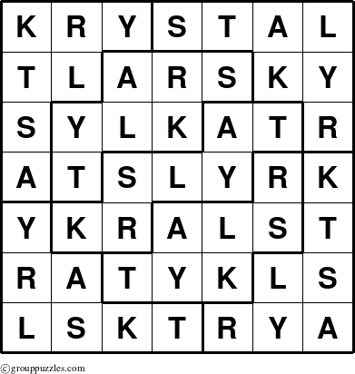 The grouppuzzles.com Answer grid for the Krystal puzzle for 