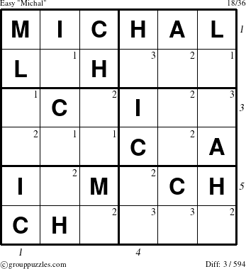 The grouppuzzles.com Easy Michal puzzle for  with all 3 steps marked