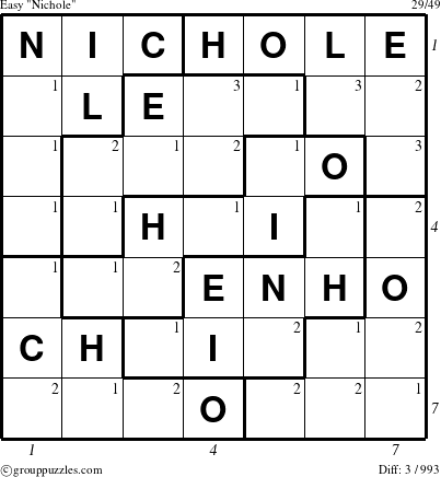 The grouppuzzles.com Easy Nichole puzzle for  with all 3 steps marked