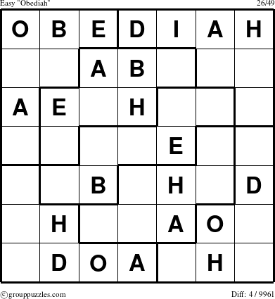 The grouppuzzles.com Easy Obediah puzzle for 
