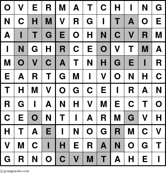 The grouppuzzles.com Answer grid for the Overmatching puzzle for 