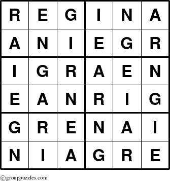 The grouppuzzles.com Answer grid for the Regina puzzle for 