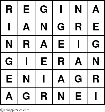The grouppuzzles.com Answer grid for the Regina puzzle for 