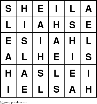 The grouppuzzles.com Answer grid for the Sheila puzzle for 