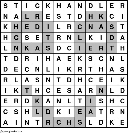 The grouppuzzles.com Answer grid for the Stickhandler puzzle for 