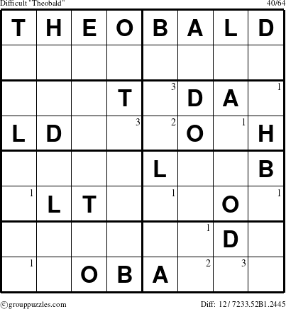 The grouppuzzles.com Difficult Theobald puzzle for  with the first 3 steps marked