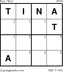 The grouppuzzles.com Easy Tina puzzle for  with the first 3 steps marked