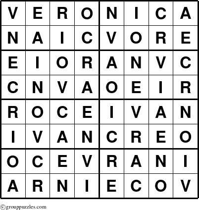 The grouppuzzles.com Answer grid for the Veronica puzzle for 