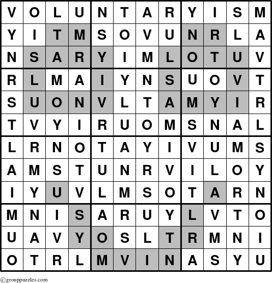 The grouppuzzles.com Answer grid for the Voluntaryism puzzle for 