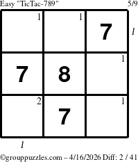 The grouppuzzles.com Easy TicTac-789 puzzle for Thursday April 16, 2026, suitable for printing, with all 2 steps marked