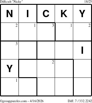 The grouppuzzles.com Difficult Nicky puzzle for Thursday April 16, 2026 with the first 3 steps marked