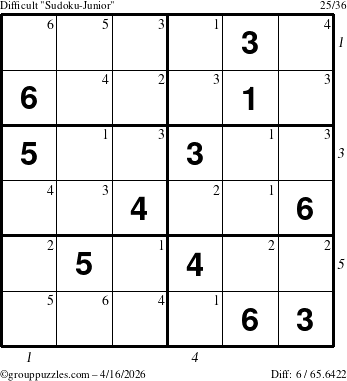 The grouppuzzles.com Difficult Sudoku-Junior puzzle for Thursday April 16, 2026 with all 6 steps marked
