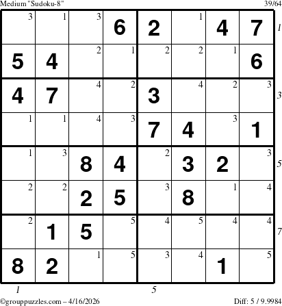 The grouppuzzles.com Medium Sudoku-8 puzzle for Thursday April 16, 2026 with all 5 steps marked