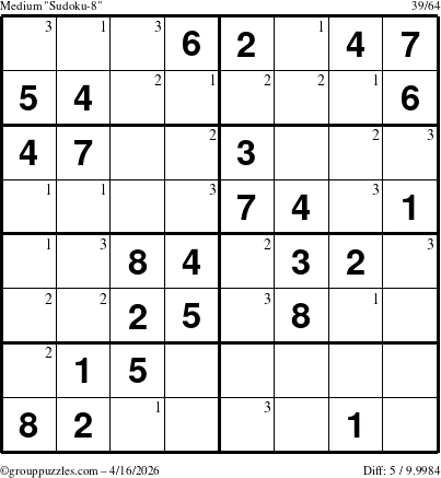 The grouppuzzles.com Medium Sudoku-8 puzzle for Thursday April 16, 2026 with the first 3 steps marked