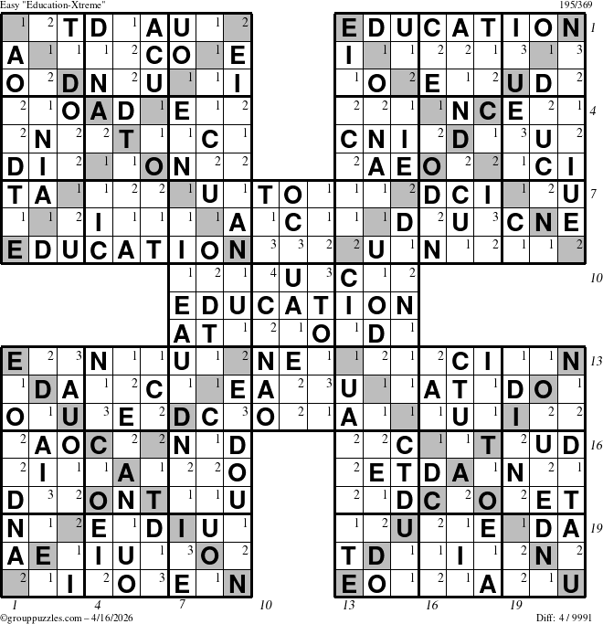 The grouppuzzles.com Easy Education-Xtreme puzzle for Thursday April 16, 2026 with all 4 steps marked