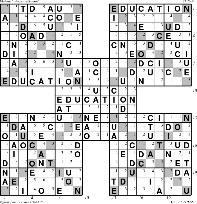 The grouppuzzles.com Medium Education-Xtreme puzzle for Thursday April 16, 2026, suitable for printing, with all 6 steps marked