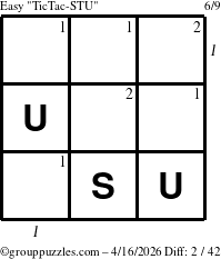 The grouppuzzles.com Easy TicTac-STU puzzle for Thursday April 16, 2026 with all 2 steps marked