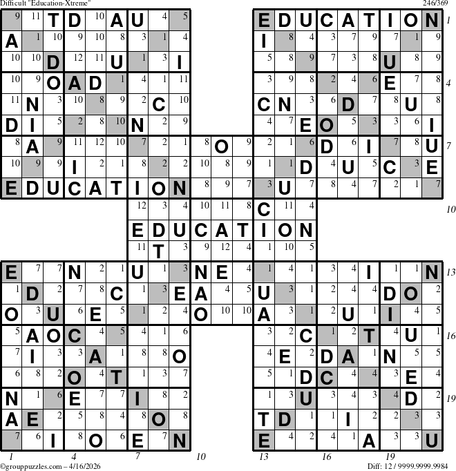 The grouppuzzles.com Difficult Education-Xtreme puzzle for Thursday April 16, 2026, suitable for printing, with all 12 steps marked