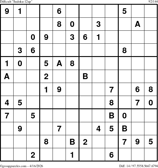 The grouppuzzles.com Difficult Sudoku-12up puzzle for Thursday April 16, 2026