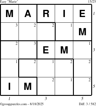 The grouppuzzles.com Easy Marie puzzle for Monday August 18, 2025 with all 3 steps marked
