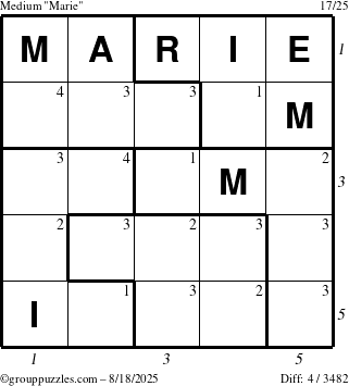 The grouppuzzles.com Medium Marie puzzle for Monday August 18, 2025, suitable for printing, with all 4 steps marked